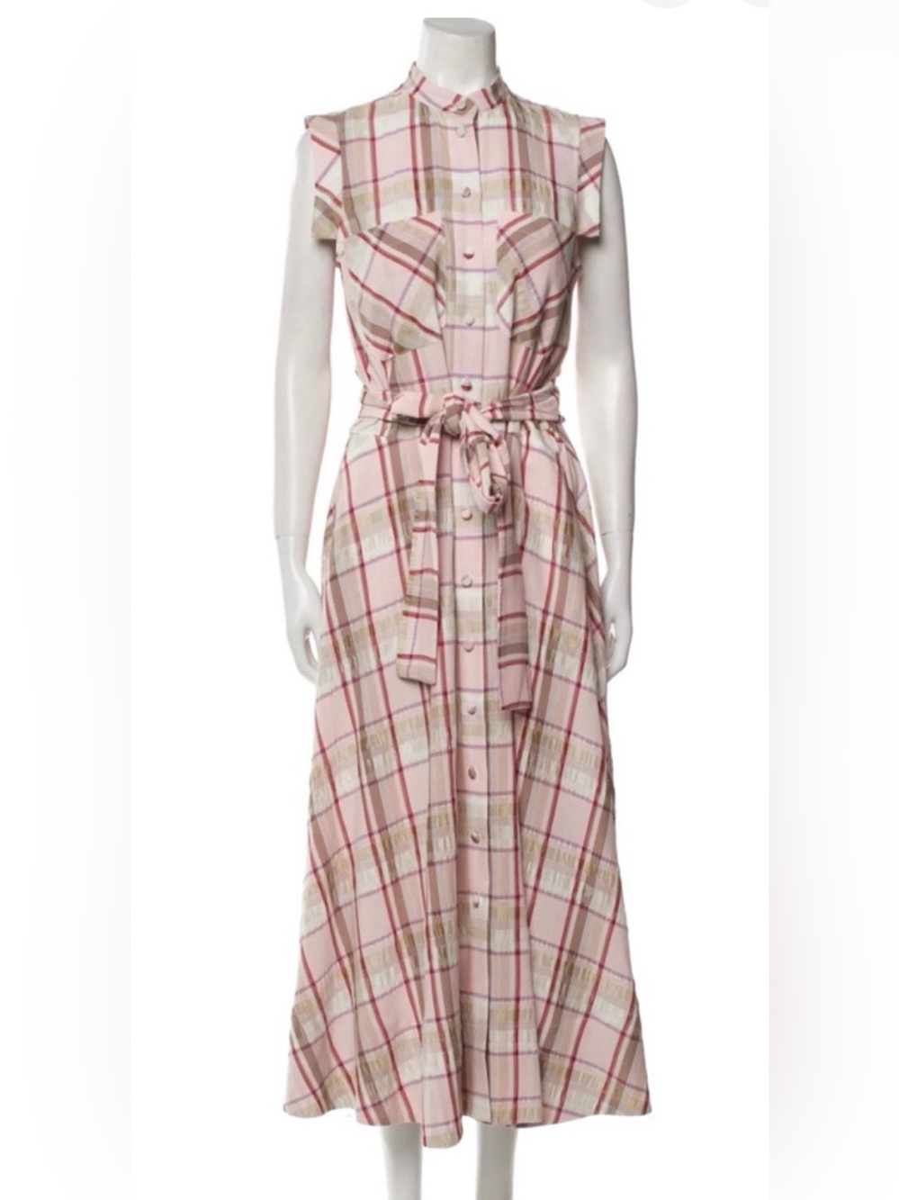 Pearl Lela Rose Pink Plaid Button-Front Maxi Dress with Waist Tie